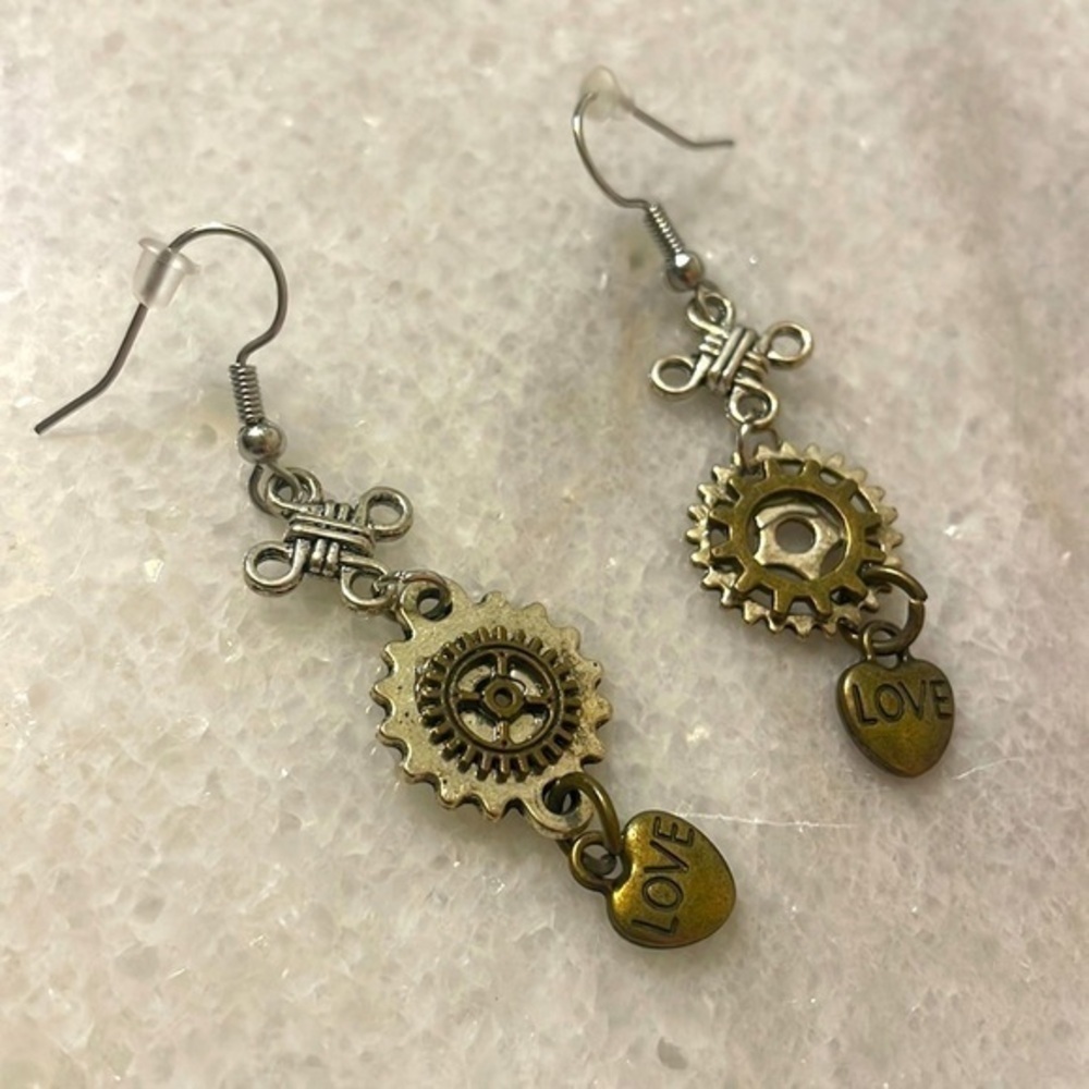 steampunk earrings watch gears dangle earrings Silver Brown Love jewelry New